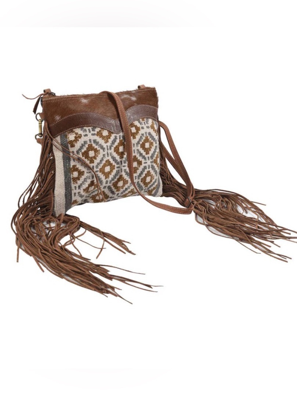 Clea Ray Brown and Blue Crossbody With Fringe Fur and Canvas NEW